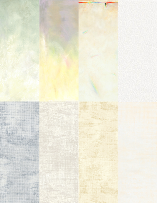 light pale toned half yard cut fabrics inspired by the pantone color of the year, cloud dancer. SKY ombre and chalk and charcoal fabrics designed by jennifer sampou quilter.