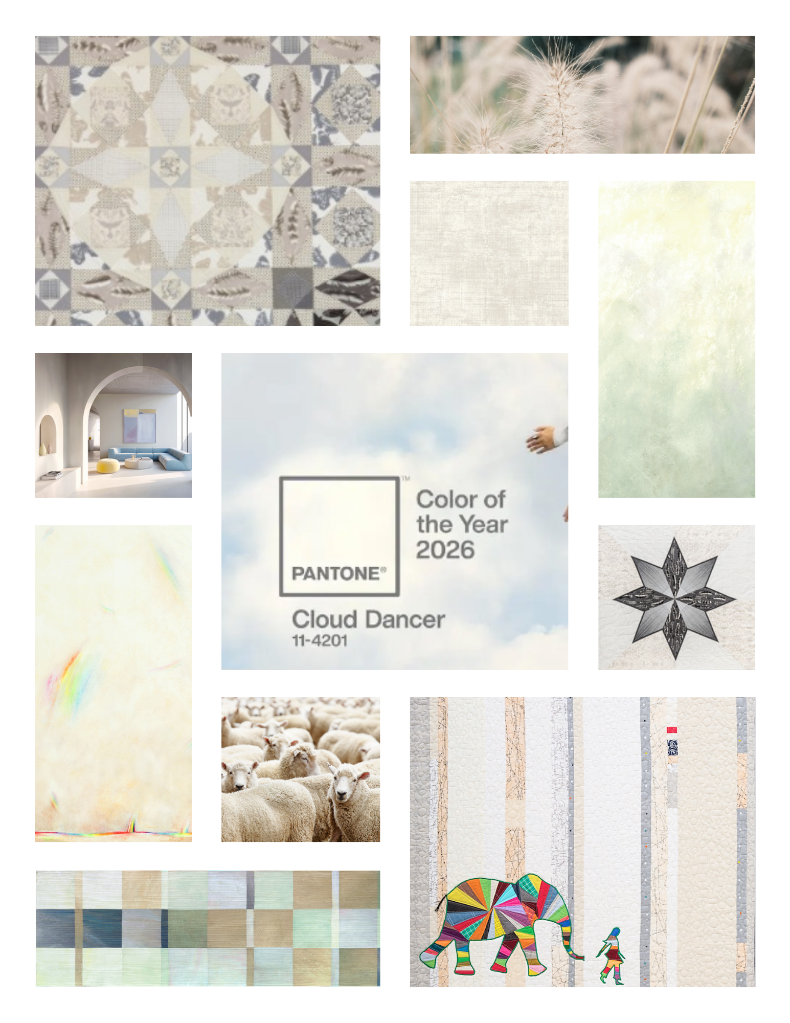 Collage of images with Pantone Color of the Year 2026 'Cloud Dancer' displayed.